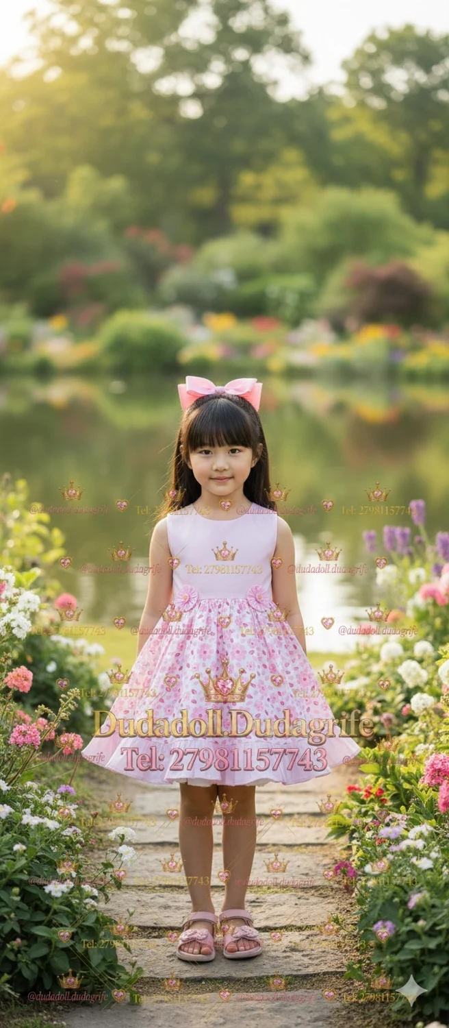 Menina com laço rosa e vestido rosa de estampa floral em jardim junto ao lago