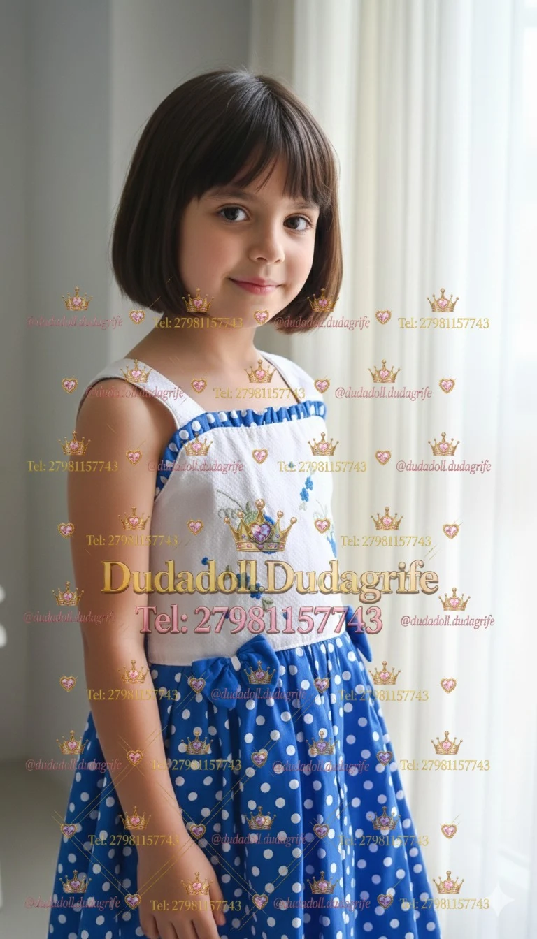 Menina com vestido branco bordado e saia azul de poás junto à janela