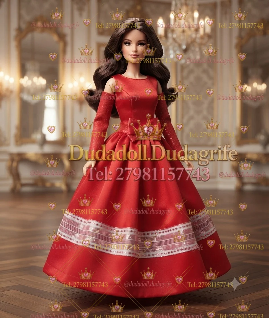 Boneca morena com vestido vermelho longo, mangas longas e faixa de renda na saia em salão dourado
