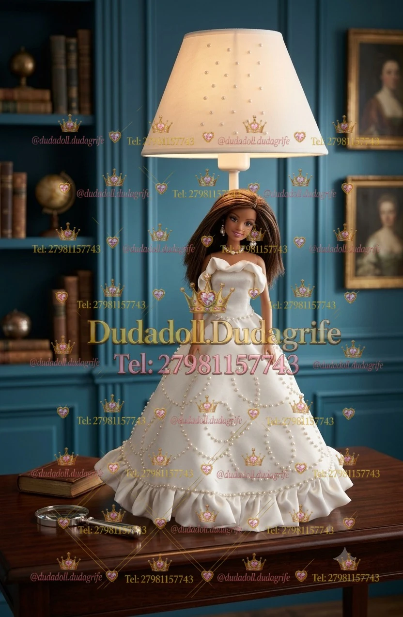 Boneca de cabelos castanhos com vestido branco e detalhes de pérolas