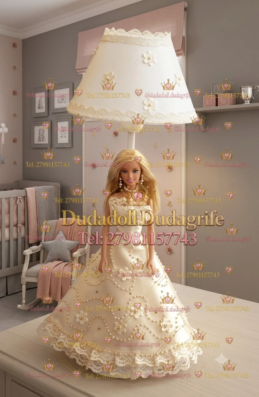 Boneca loira com vestido creme de renda, flores e pérolas e abajur combinando