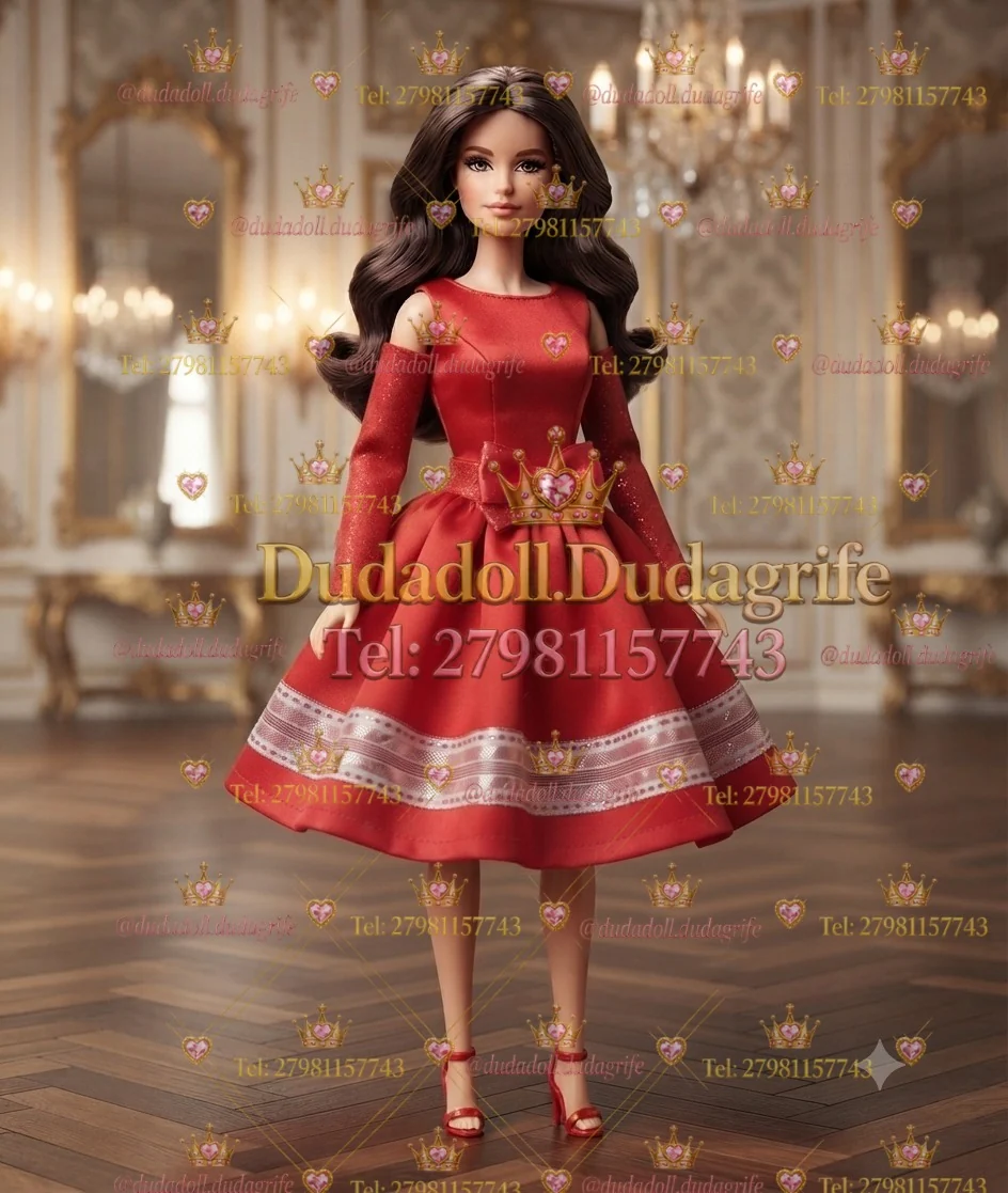 Boneca morena com vestido vermelho curto, mangas longas e faixa de renda na saia em salão dourado
