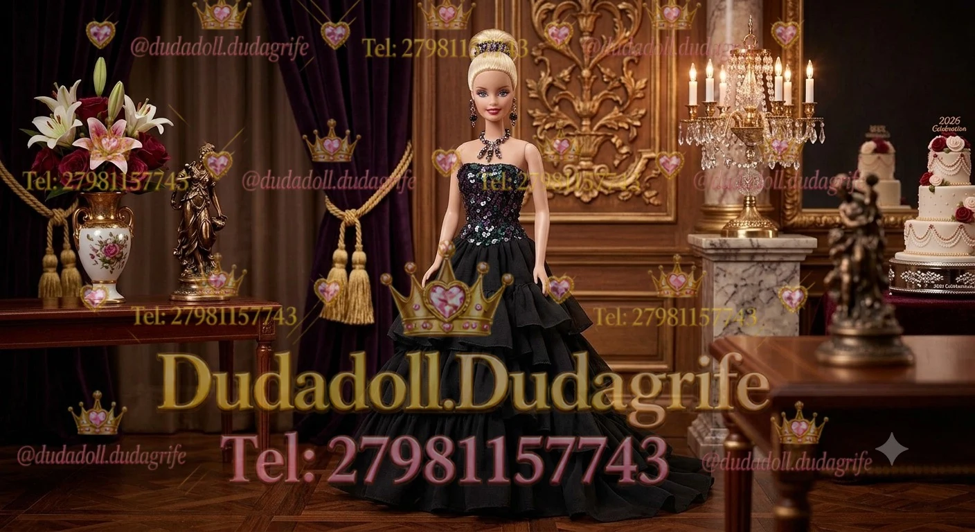 Boneca loira com vestido preto de saia em camadas e corpete de lantejoulas em salão dourado