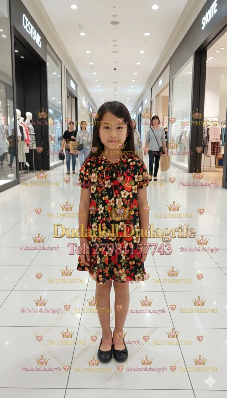 Menina com vestido preto de estampa floral colorida em shopping