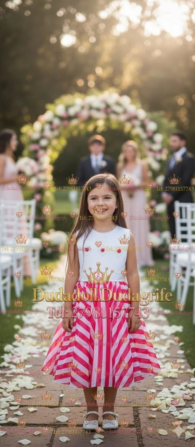 Menina com vestido branco e saia de listras rosas em casamento ao ar livre