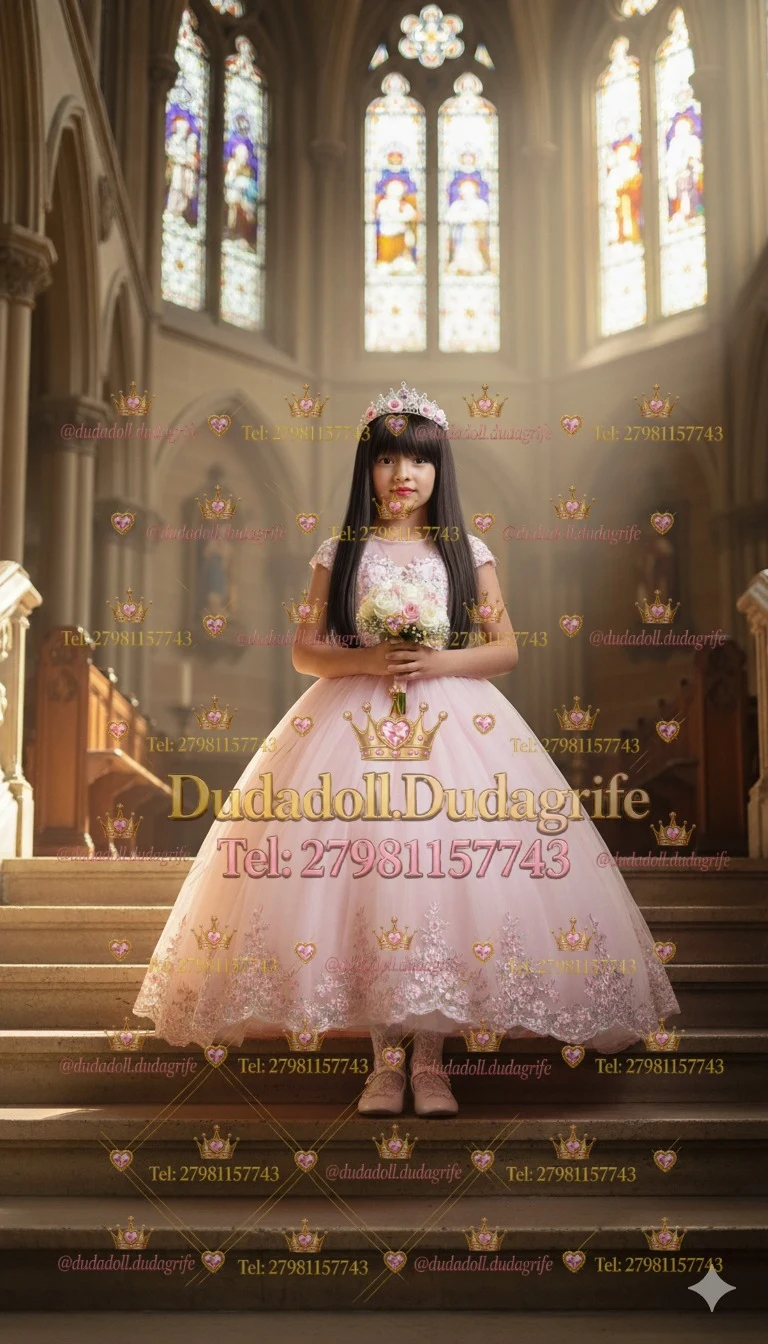 Menina com tiara, buquê e vestido rosa de renda e tule em igreja