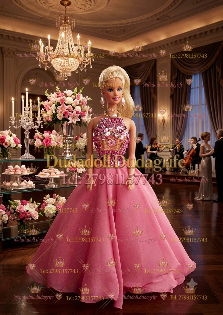 Boneca loira com vestido rosa de saia ampla e corpete bordado com flores em salão com lustre