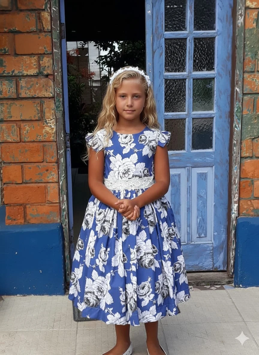 Menina com vestido azul de flores brancas e faixa de renda diante de porta azul