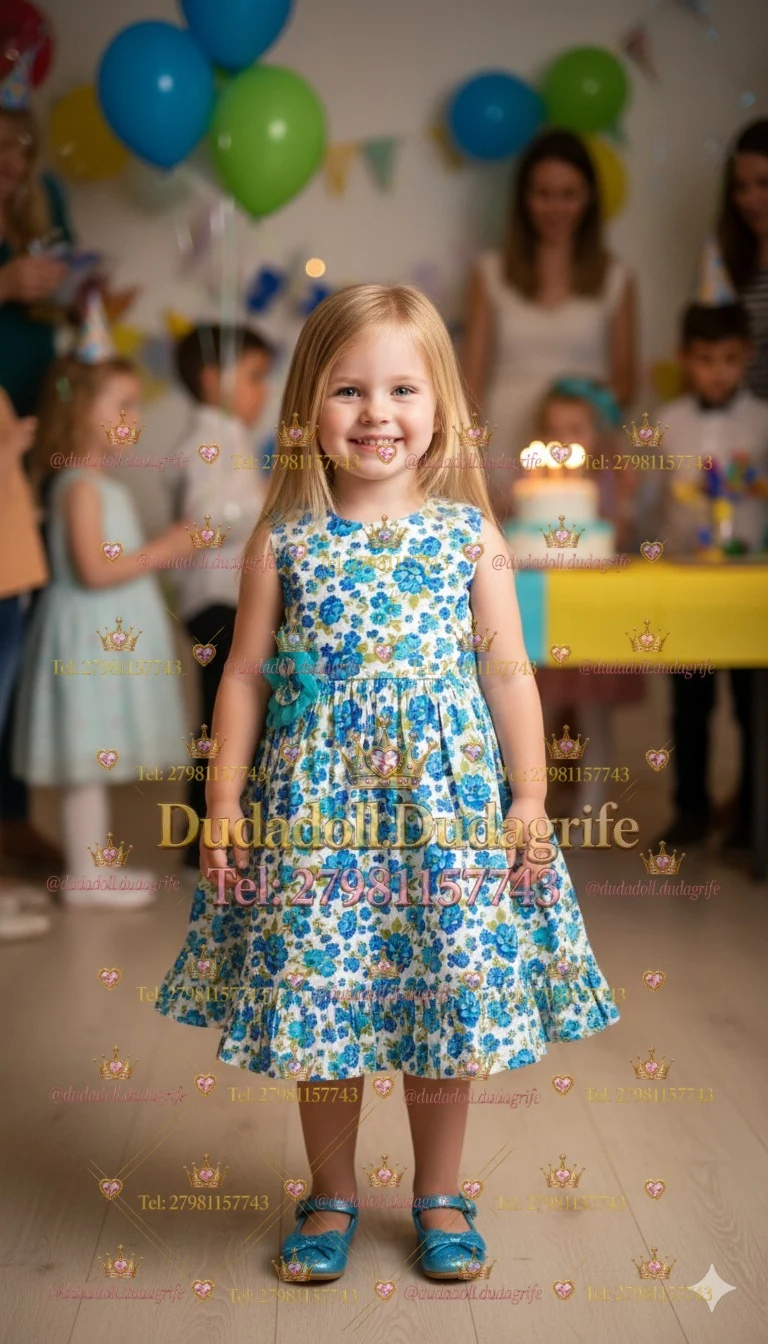 Menina com vestido floral azul e faixa turquesa em festa de aniversário