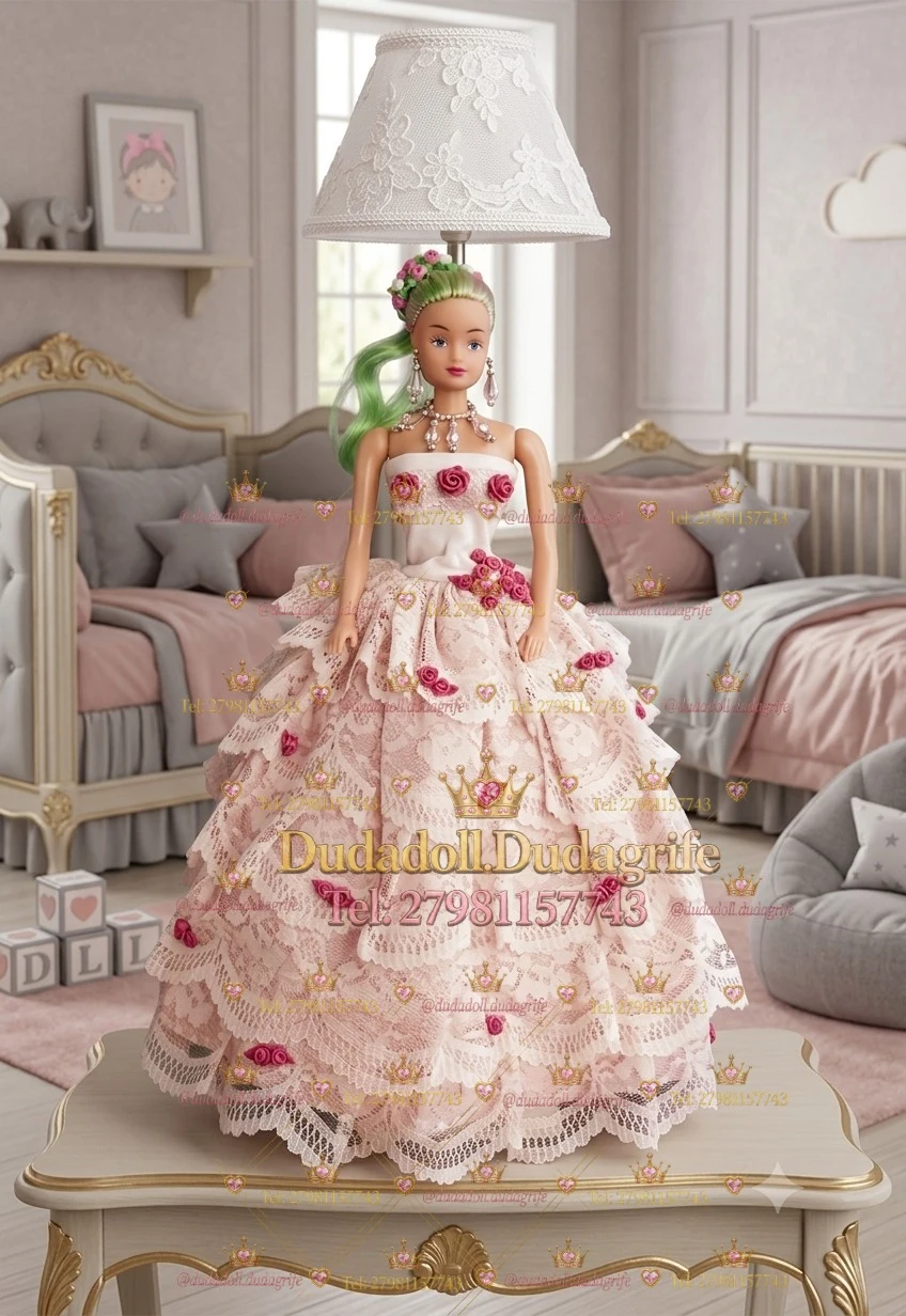 Boneca de cabelos verdes com vestido de renda rosa e flores e abajur branco