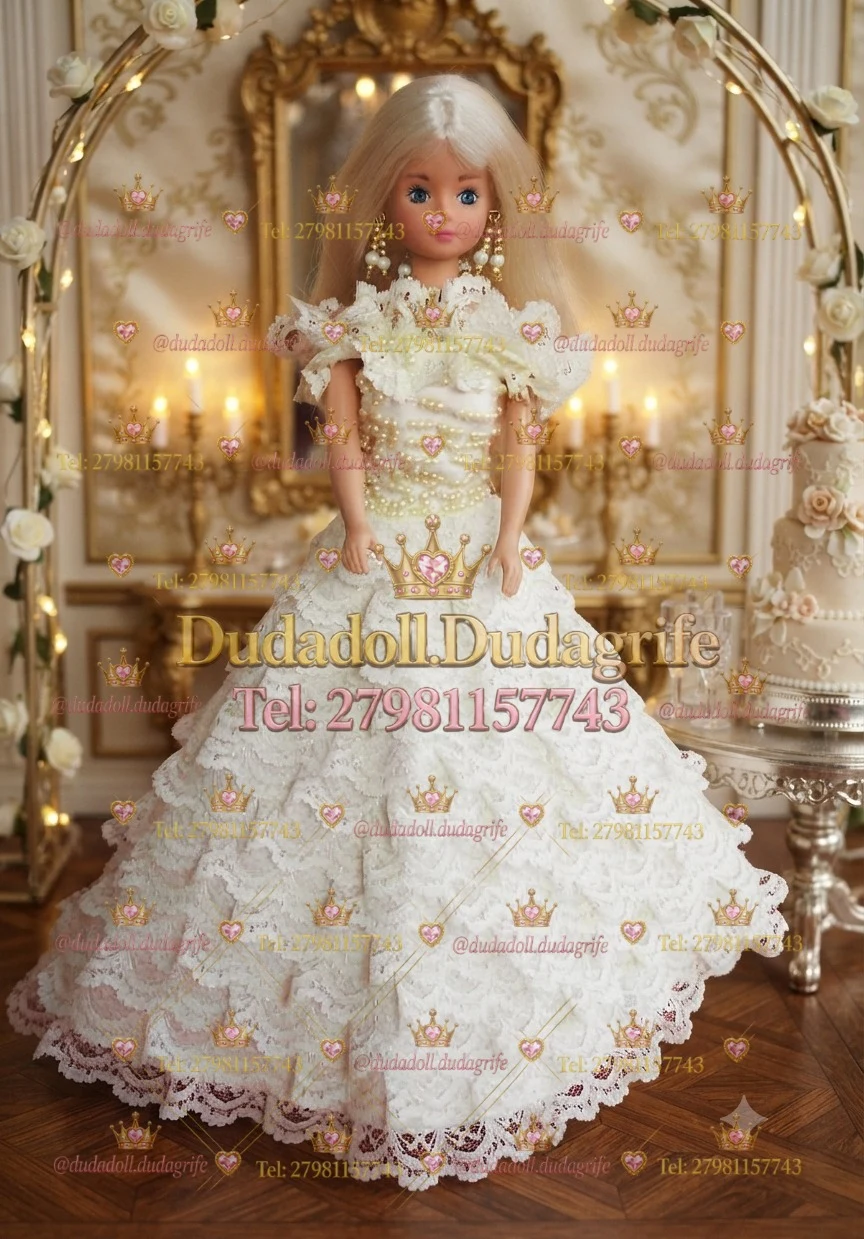 Boneca loira com vestido de noiva branco de renda e pérolas sob arco de flores