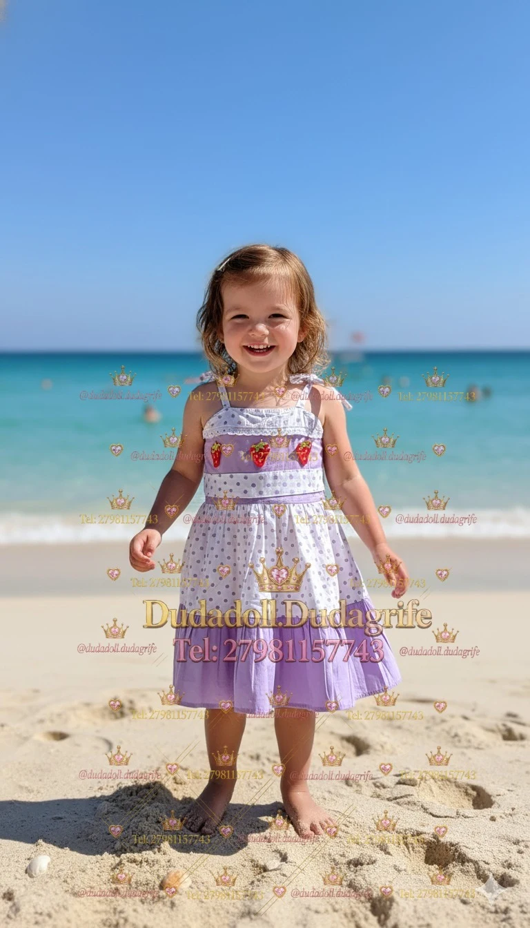Menina com vestido lilás de poás e detalhes de morangos na praia